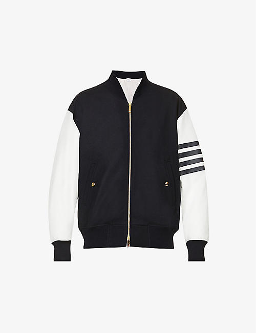 THOM BROWNE: Striped-trim stand-collar wool and leather bomber jacket