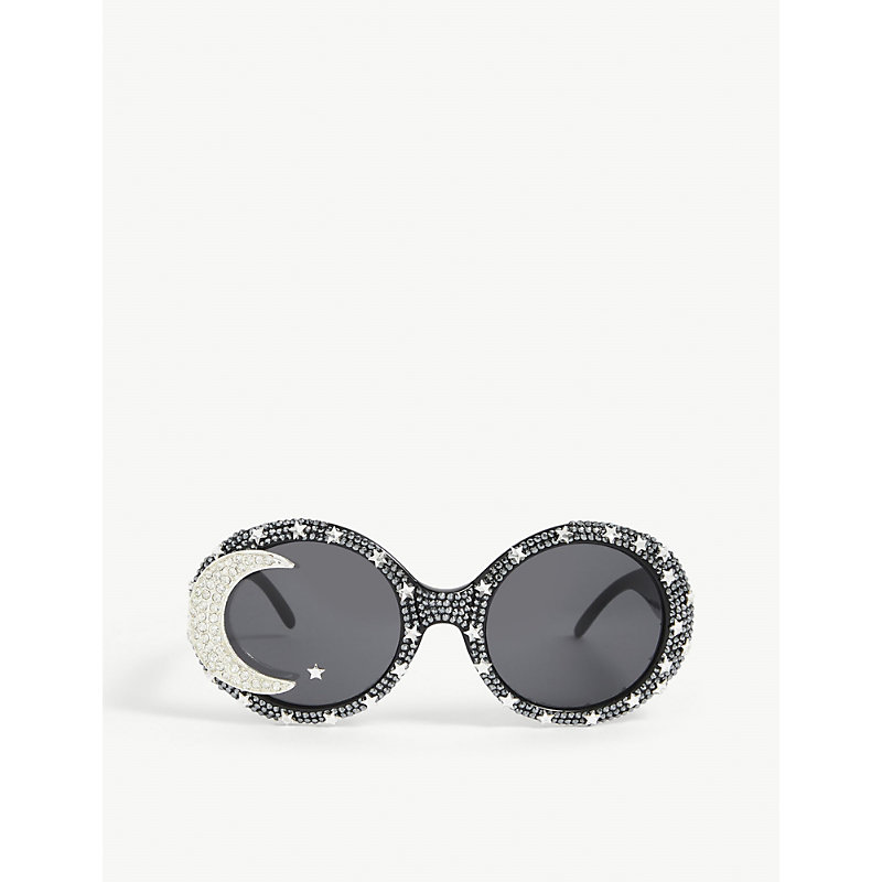 A-morir Simone Swarovski Crystal-embellished Round Acetate Sunglasses In Black Silver