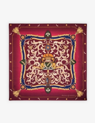 Shop Aspinal Of London Signature Shield Graphic-print Silk Scarf In Burgundy