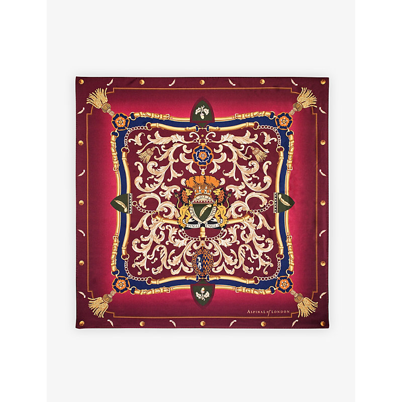 Shop Aspinal Of London Women's Burgundy Signature Shield Graphic-print Silk Scarf