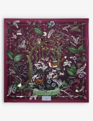 Shop Aspinal Of London Women's Burgundy Woodland Graphic-print Silk Scarf