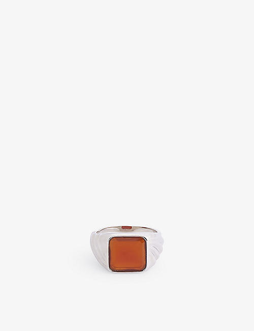 MIANSAI: Copal platinum-plated sterling silver and red agate ring