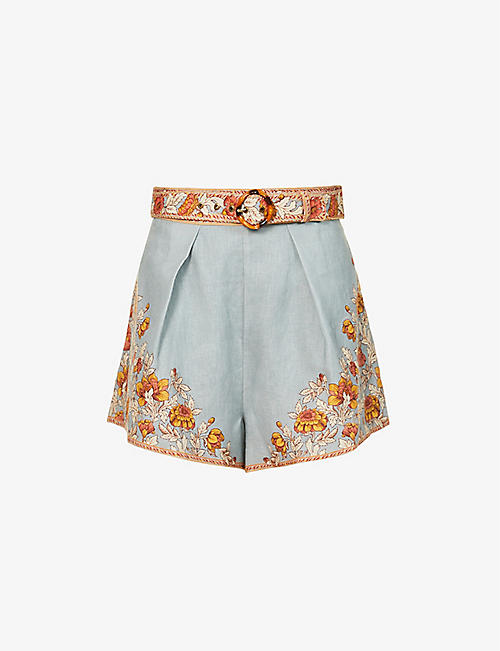 ZIMMERMANN: Andie Tuck floral-print high-rise linen shorts