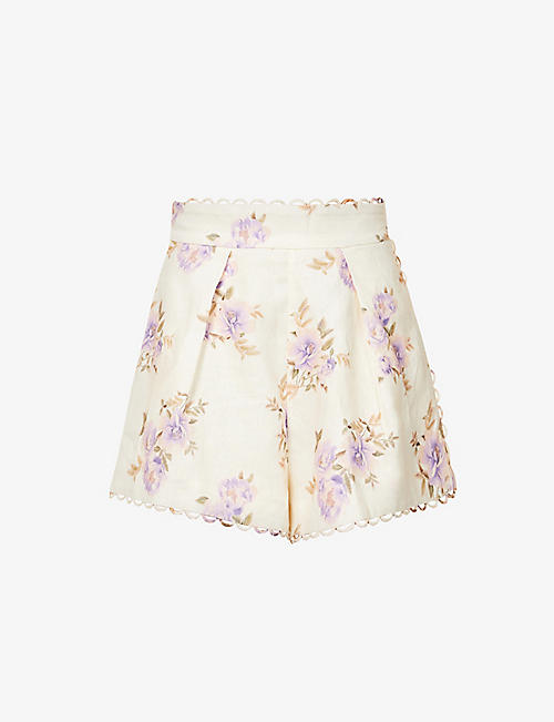 ZIMMERMANN: Rosa floral-print high-rise linen shorts