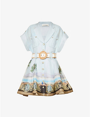 ZIMMERMANN: Postcard printed silk-linen blend mini dress