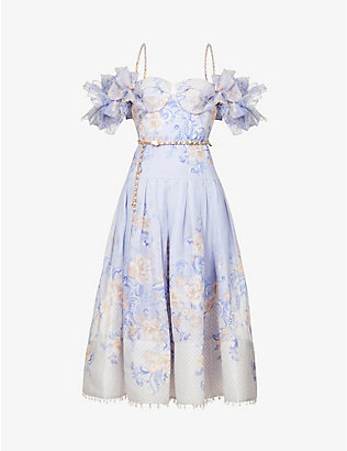 ZIMMERMANN: Postcard floral-print silk-linen blend midi dress