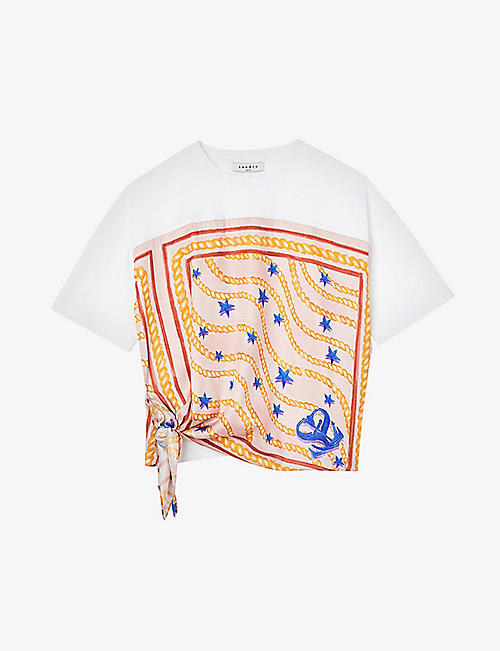 SANDRO: Eulalin printed-insert tied organic cotton-blend T-shirt
