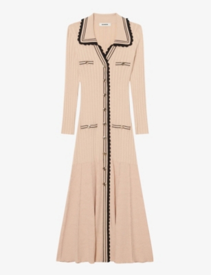 knee length dresses for ladies SANDRO ribbed-knit midi dress - Beige main image 1