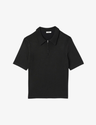 Shop Sandro Men's Noir / Gris Zipped Stretch-woven Polo Shirt