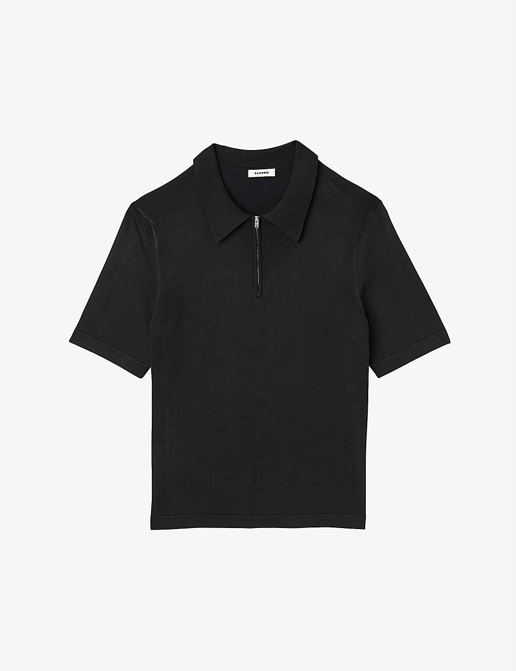 Shop Sandro Mens Noir / Gris Zipped Stretch-woven Polo Shirt