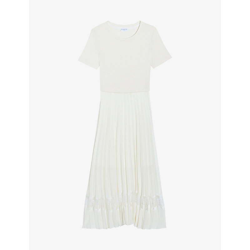 Shop Claudie Pierlot Womens Naturels Lace-insert Pleated Cotton Midi Dress