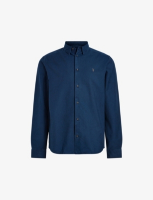 Allsaints Mens Deep Sea Navy Hermosa Logo-embroidered Relaxed-fit Cotton Shirt