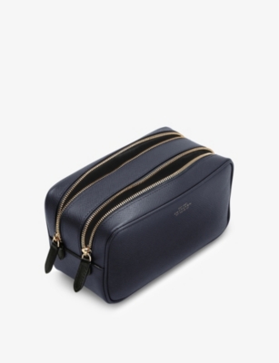 Shop Smythson Men's Navy Panama Double Zip Leather Washbag