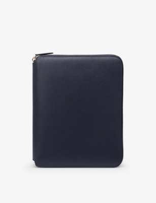 Smythson Panama Zipped Leather A5 Writing Folder 24cm X 19.5cm In Navy