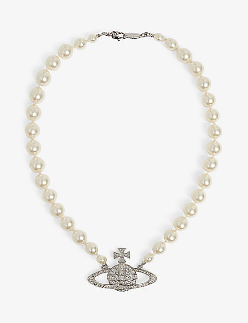 VIVIENNE WESTWOOD JEWELRY: Bas Relief silver-tone brass, pearl and Swarovski crystal necklace