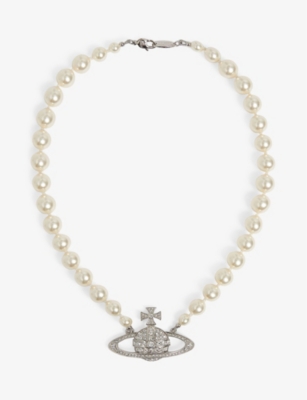 Bas Relief silver-tone brass, pearl and Swarovski crystal necklace