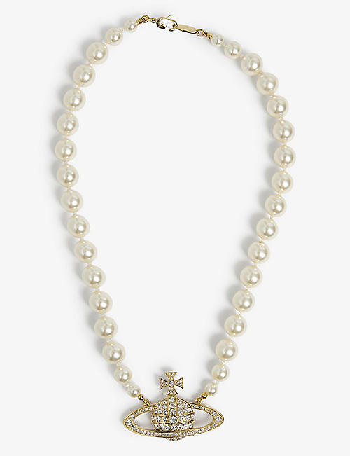 VIVIENNE WESTWOOD JEWELLERY: Bas Relief yellow-gold tone brass, pearl and Swarovski crystal necklace