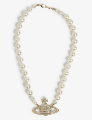 VIVIENNE WESTWOOD JEWELLERY - Mini Bas Relief brass, Swarovski crystal and  pearl pendant necklace