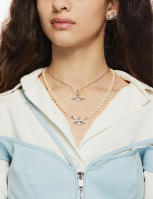 VIVIENNE WESTWOOD JEWELLERY Mini Bas Relief brass, Swarovski crystal and pearl pendant necklace