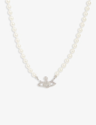 VIVIENNE WESTWOOD JEWELLERY Mini Bas Relief brass, Swarovski crystal and pearl pendant necklace