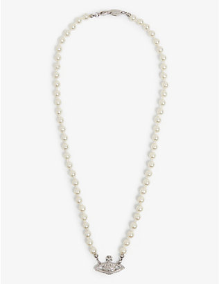 VIVIENNE WESTWOOD JEWELLERY: Mini Bas Relief brass, Swarovski crystal and pearl pendant necklace