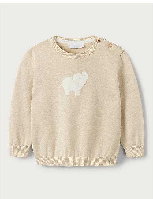 THE LITTLE WHITE COMPANY: Elephant-intarsia organic-cotton jumper 0-24 months