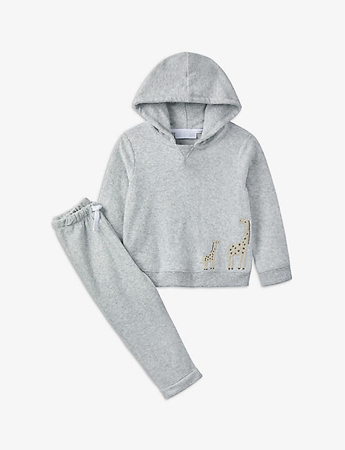 THE LITTLE WHITE COMPANY: Giraffe-embroidered cotton hoody and joggers set 0-24 months