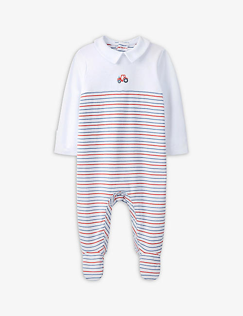 THE LITTLE WHITE COMPANY: Striped embroidered organic-cotton sleepsuit 0-24 months