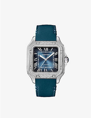 CARTIER: CRW4SA0007 Santos de Cartier medium stainless-steel, 0.64ct brilliant-cut diamond and leather mechanical watch