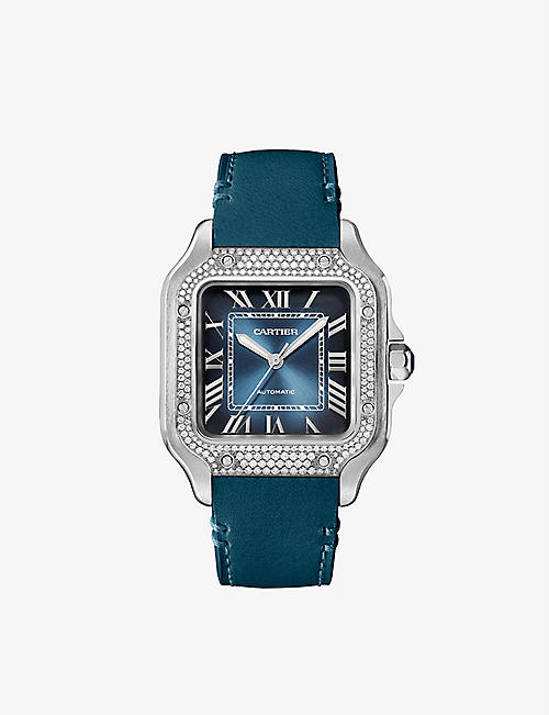 CARTIER：CRW4SA0007 Santos de Cartier 大号不锈钢、0.64 克拉明亮切割钻石和皮革机械腕表