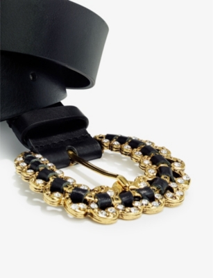Shop Maje Womens Noir / Gris Alma Diamante-encrusted Leather Buckle Belt