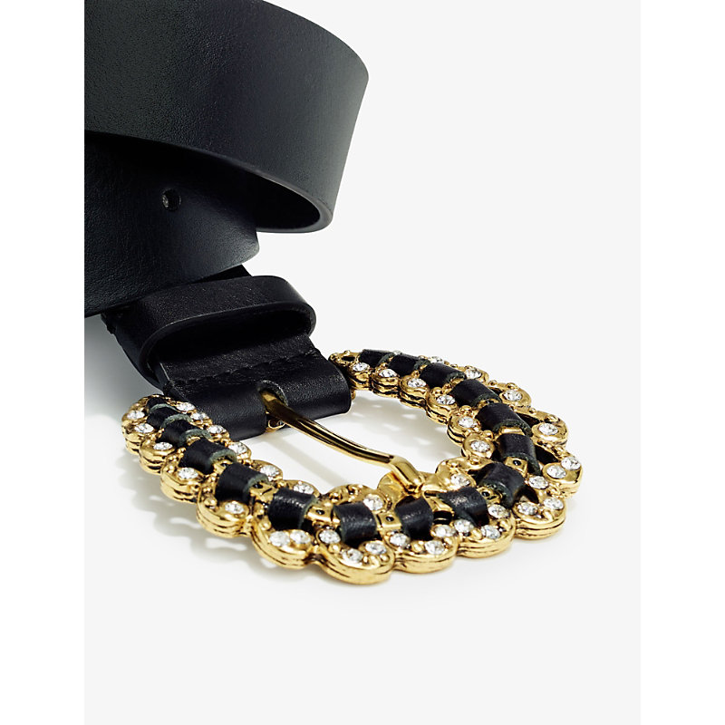 Shop Maje Women's Noir / Gris Alma Diamante-encrusted Leather Buckle Belt