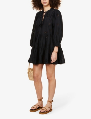 Seafolly Embroidered Puff-sleeves Cotton Mini Dress In Black