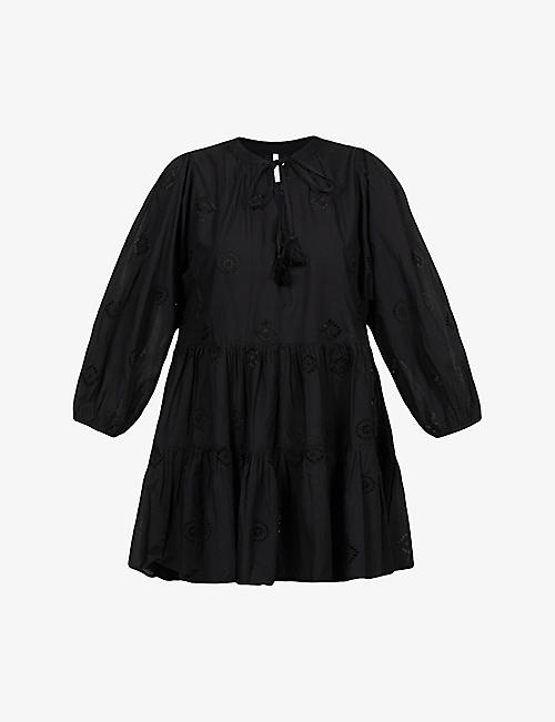 SEAFOLLY: Embroidered puff-sleeves cotton mini dress