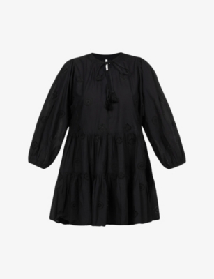 Shop Seafolly Women's Black Embroidered Puff-sleeves Cotton Mini Dress