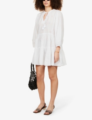 Shop Seafolly Women's White Embroidered Puff-sleeves Cotton Mini Dress