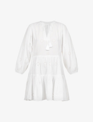 SEAFOLLY: Embroidered puff-sleeves cotton mini dress