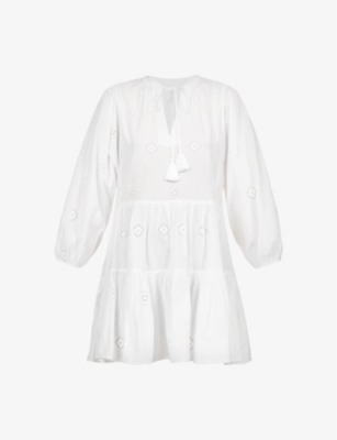 Seafolly Embroidered Puff-sleeves Cotton Mini Dress In White
