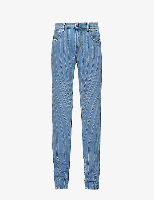 MUGLER: Seam-embellished straight-leg high-rise stretch-denim jeans