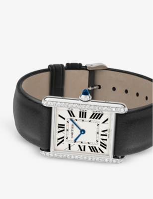 CARTIER: CRW4TA0017 Tank Must large model stainless-steel, 0.48ct brilliant-cut diamond and leather quartz watch