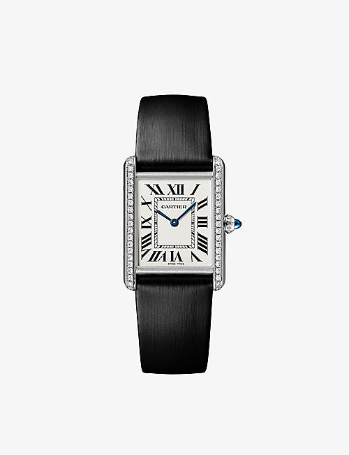 CARTIER: CRW4TA0017 Tank Must large model stainless-steel, 0.48ct brilliant-cut diamond and leather quartz watch