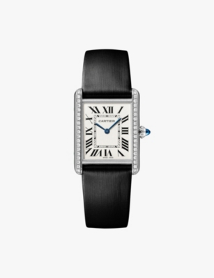 Mens Cartier Crw4Ta0017 Tank Must Large Model Stainless-Steel, 0.48ct Brilliant-Cut Diamond and Leather Quartz Watch