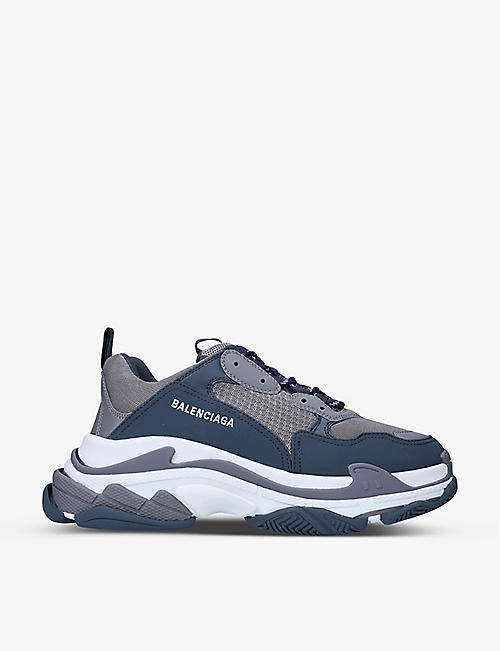 BALENCIAGA: Men’s Triple S logo-print suede and mesh low-top trainers