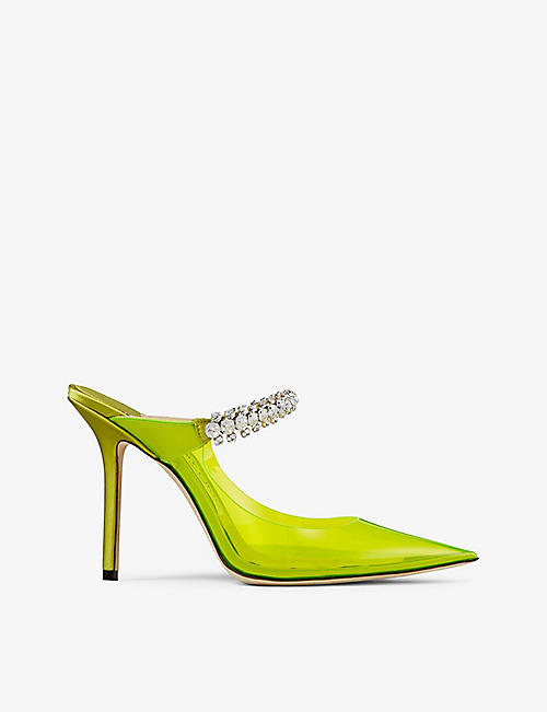 JIMMY CHOO: Bing 100 crystal-embellished PVC heeled mules