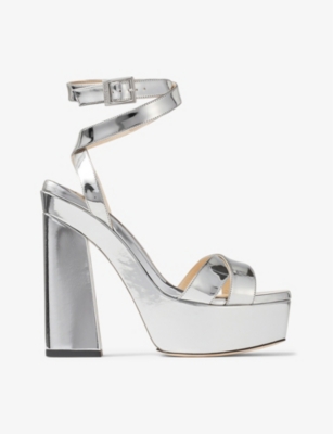 Jimmy Choo Womens Silver Gaia 140 Metallic Leather Platform Sandals 2 In Silver