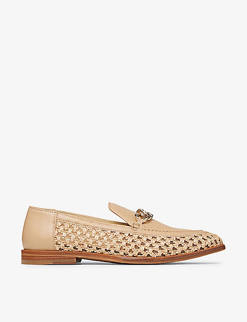 JIMMY CHOO: Marti woven 10 raffia and leather loafers