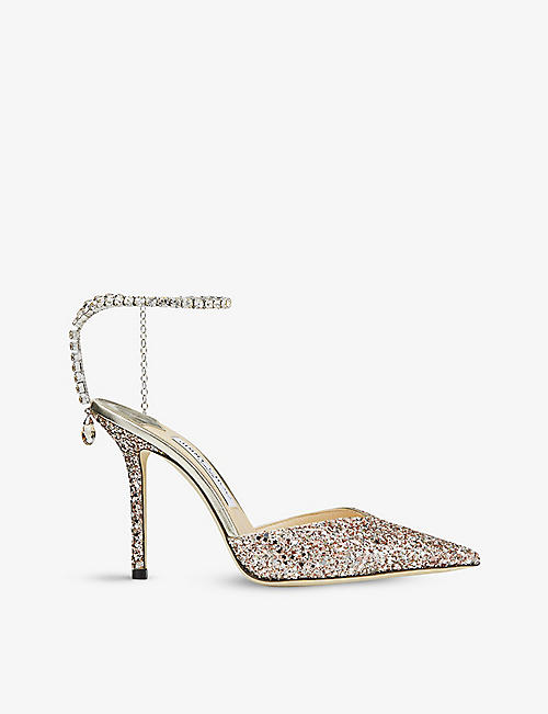 JIMMY CHOO: Saeda 100 crystal-embellished glitter-leather heeled courts