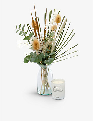 YOUR LONDON FLORIST: Fika dried bouquet, glass bottle and candle gift set