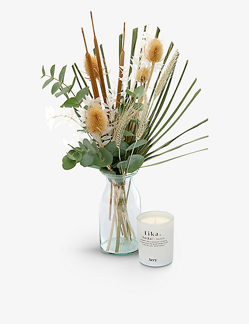 YOUR LONDON FLORIST: Fika dried bouquet, glass bottle and candle gift set