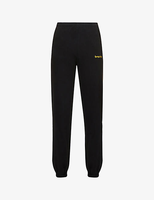 SPORTY & RICH: Logo-embroidered tapered-leg high-rise cotton-blend jogging bottoms